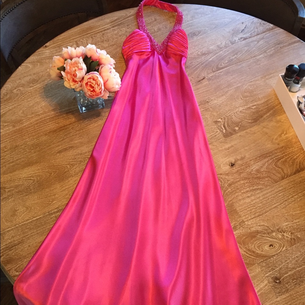 Morgan & Co Pink Satin Halter Gown, Size 3/4